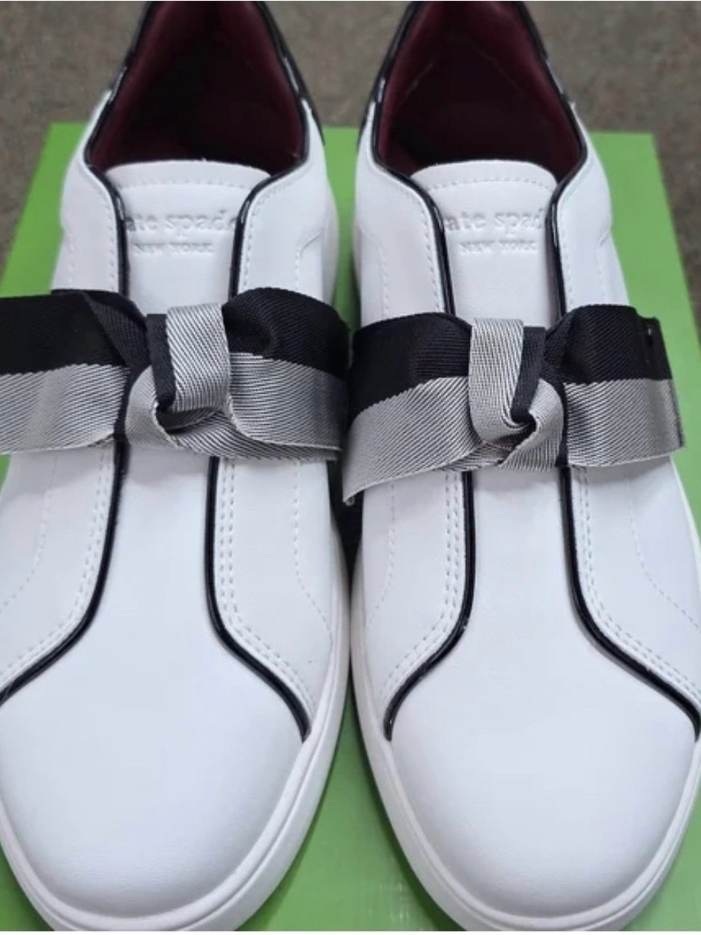 kate spade White Leather Slip-On Sneakers Black & Gray Ribbon 10 runs small 9.5